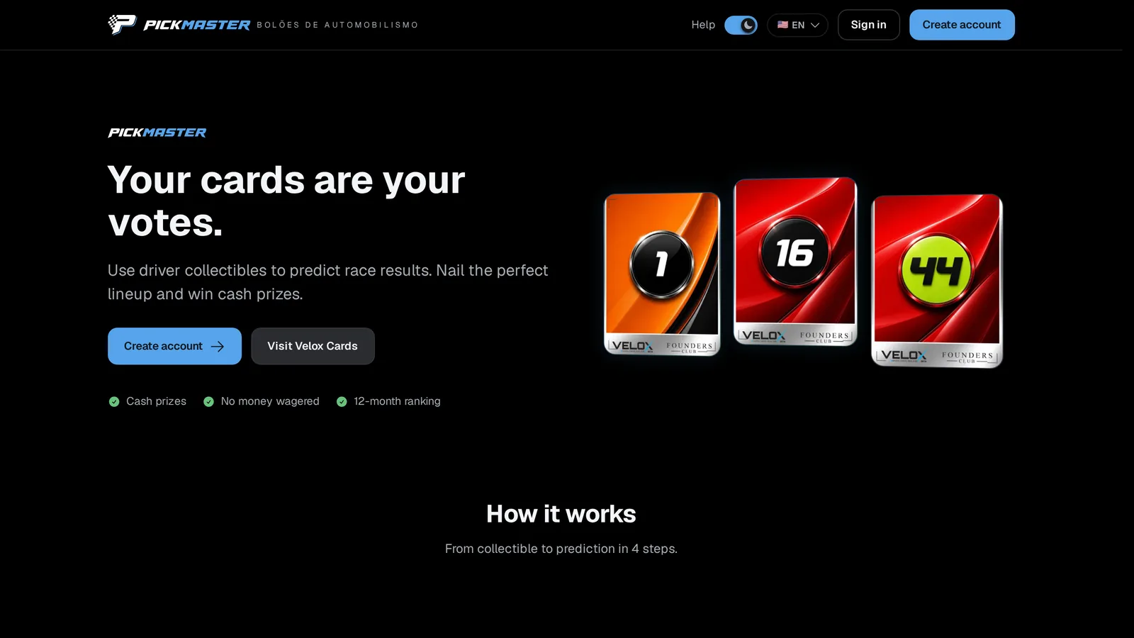 PickMaster home page: “Your cards are your votes”, with three collectible driver cards.