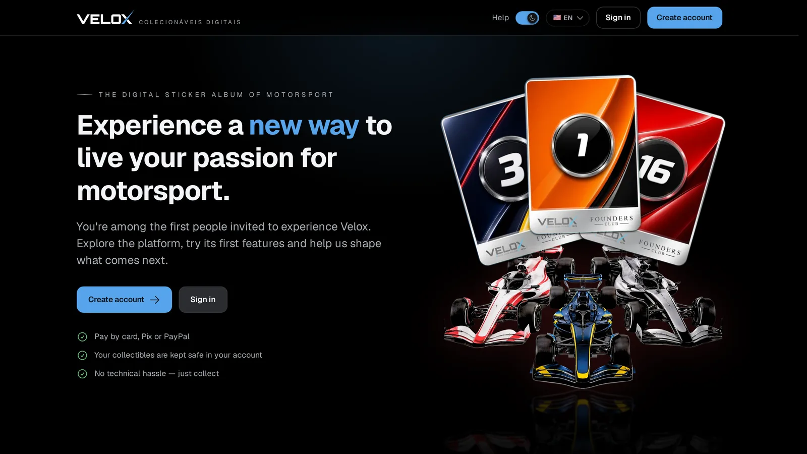 Velox home page: “Experience a new way to live your passion for motorsport”, with collectible cards and race cars.